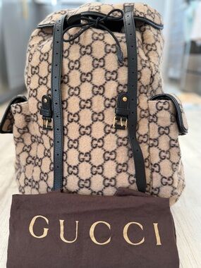 Gucci Beige & Brown GG Wool Backpack with Black Leather Trim